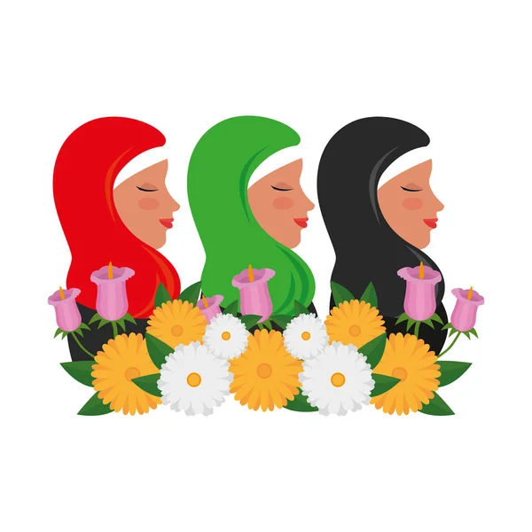 Ομάδα ισλαμικών γυναικών με παραδοσιακή μπούρκα και floral διακόσμηση — Διανυσματικό Αρχείο