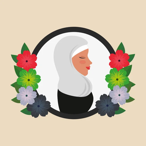 Προφίλ της Ισλαμικής γυναίκας με την παραδοσιακή μπούρκα σε floral στεφάνι — Διανυσματικό Αρχείο