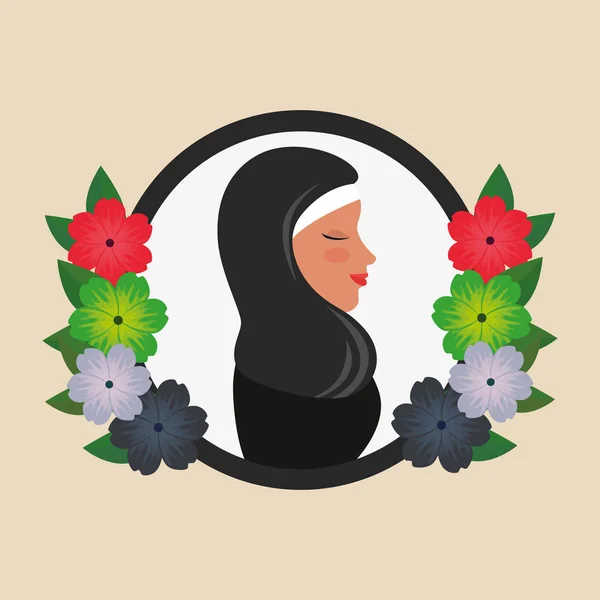 Perfil de mujer islámica con burka tradicional en corona floral — Vector de stock