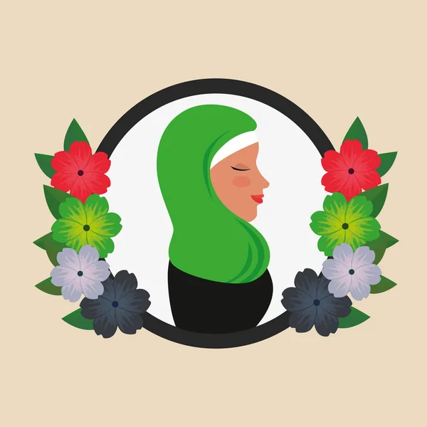Perfil de mujer islámica con burka tradicional en corona floral — Archivo Imágenes Vectoriales