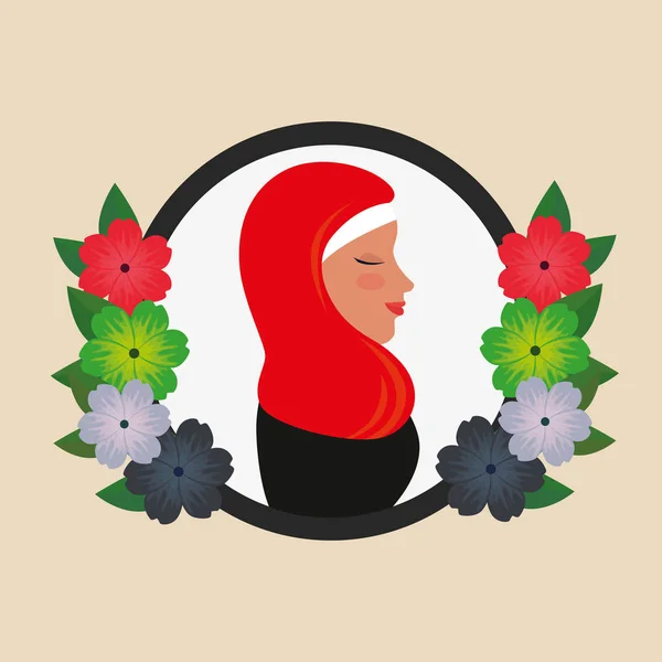 Perfil de mujer islámica con burka tradicional en corona floral — Vector de stock