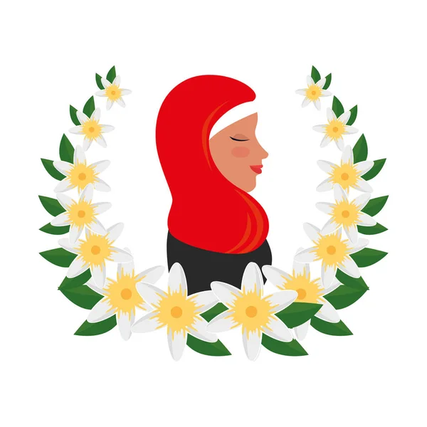 Perfil de mujer islámica con burka tradicional en corona floral — Vector de stock