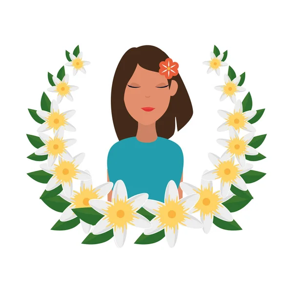 Kaunis nainen kukka hiukset ja kukka seppele — vektorikuva