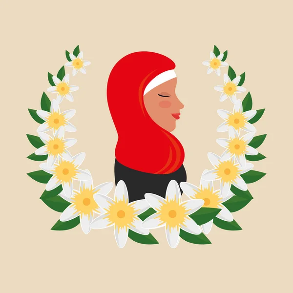 Profil de femme islamique avec burka traditionnelle en couronne florale — Image vectorielle