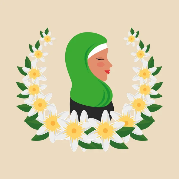 Προφίλ της Ισλαμικής γυναίκας με την παραδοσιακή μπούρκα σε floral στεφάνι — Διανυσματικό Αρχείο