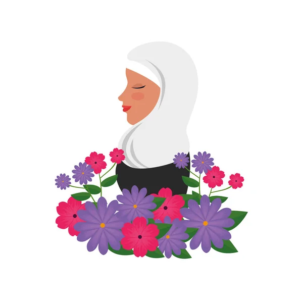 Perfil de mujer islámica con burka tradicional y flores de jardín — Archivo Imágenes Vectoriales