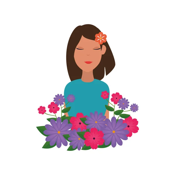 Schöne Frau mit Blume im Haar und floralem Garten — Stockvektor