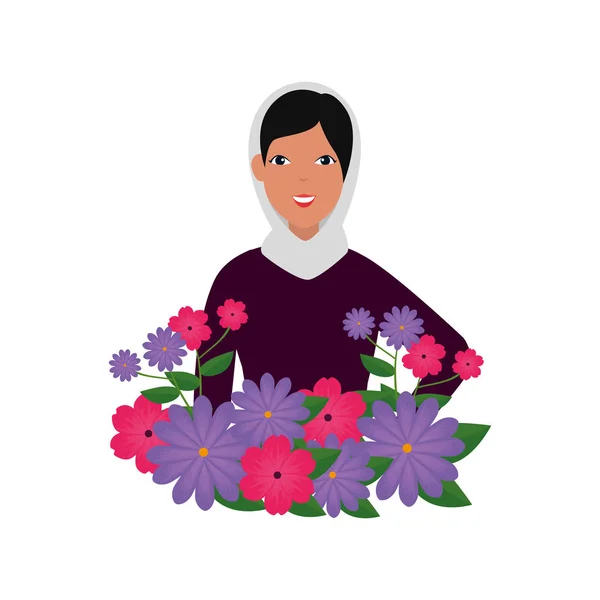 Ισλαμική γυναίκα με παραδοσιακή μπούρκα και λουλούδια κήπου — Διανυσματικό Αρχείο