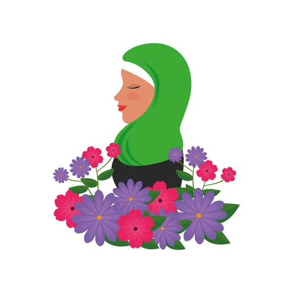 Perfil da mulher islâmica com burka tradicional e flores do jardim — Vetor de Stock