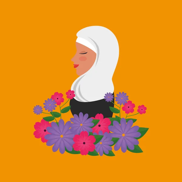 Profil de femme islamique avec burka traditionnelle et fleurs de jardin — Image vectorielle