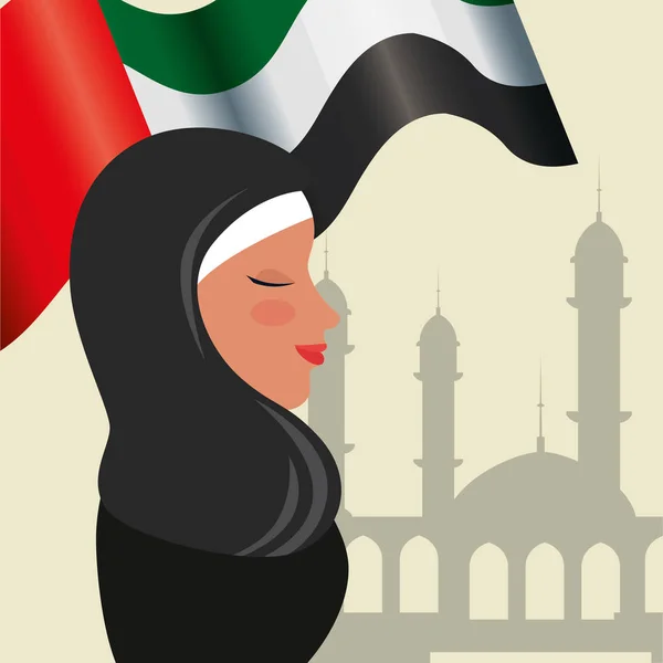 Perfil de mujer islámica con bandera tradicional burka y arabia en mezquita — Vector de stock