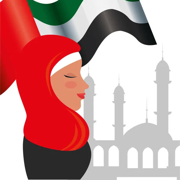 Perfil de mujer islámica con bandera tradicional burka y arabia en mezquita — Vector de stock