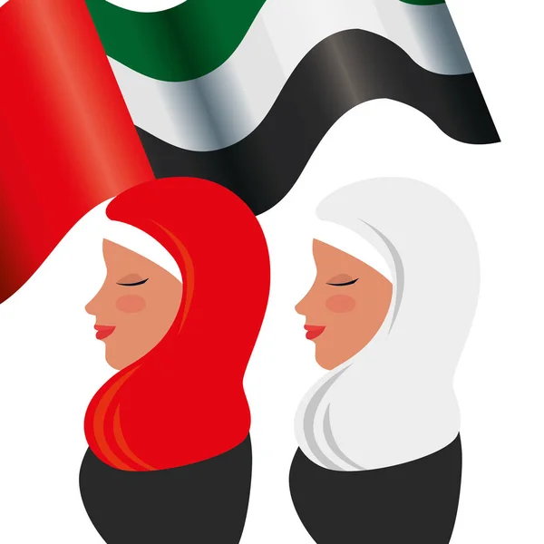 Islamische Frauengruppe mit traditioneller Burka und arabischer Flagge der Emirate — Stockvektor