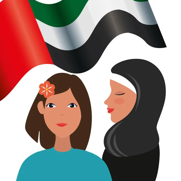 伊斯兰妇女团体与传统的布卡和酋长国阿拉伯国旗 — 图库矢量图片