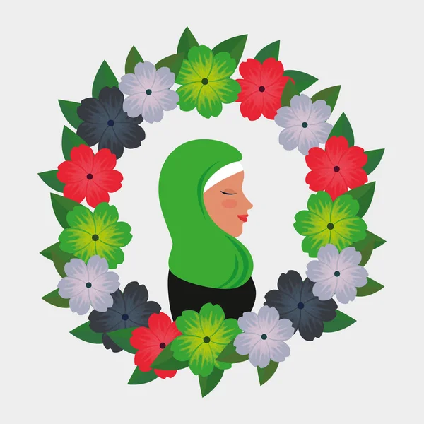 Profil de femme islamique avec burka traditionnelle en couronne florale — Image vectorielle