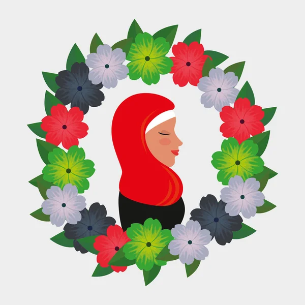 Profil de femme islamique avec burka traditionnelle en couronne florale — Image vectorielle
