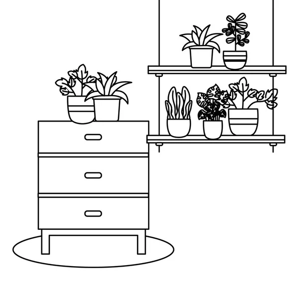 Rostliny vnitřní konstrukce nádob a nábytku — Stockový vektor