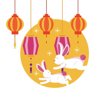 Orta sonbahar festivali vektör tasarımı Tavşanlar