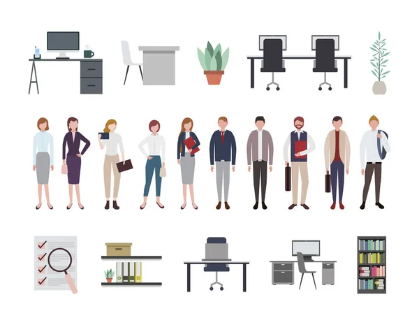 Business people and office equipment icons — Stock Vector