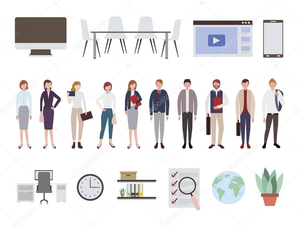 business people and office equipment icons