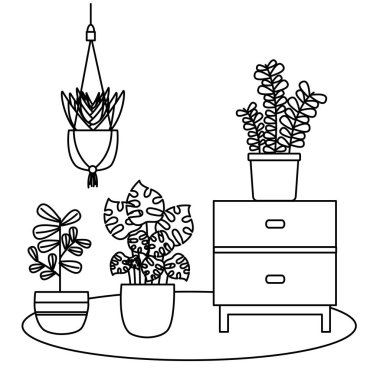 Tencere ve mobilya vektör tasarımı içinde Bitkiler