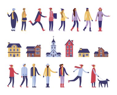 kış giysileri ve binaları ile insanların grup