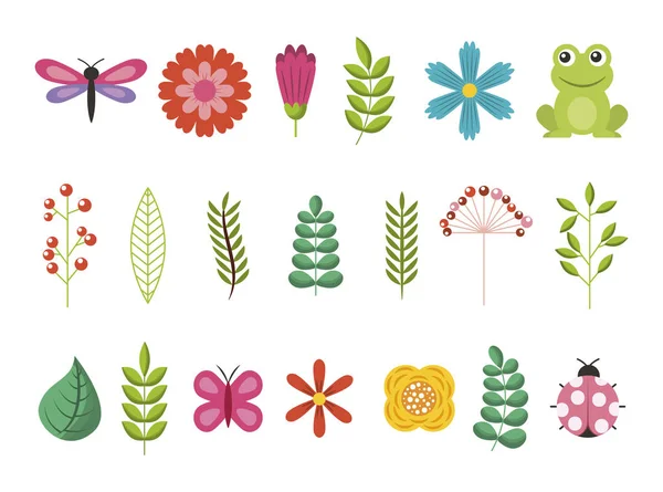 Цветы с лепестками и сад с животными — стоковый вектор