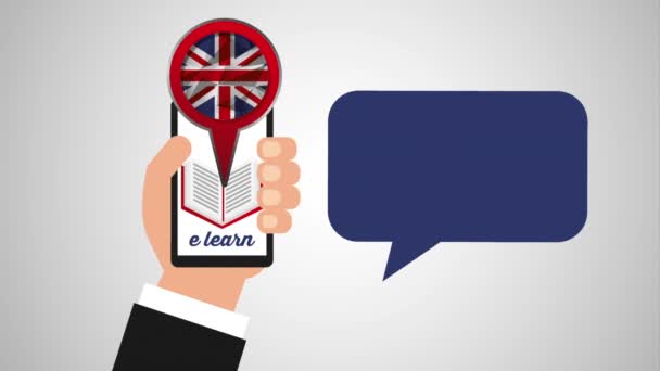 Mão usando smartphone com aprender animação Inglês — Vídeo de Stock