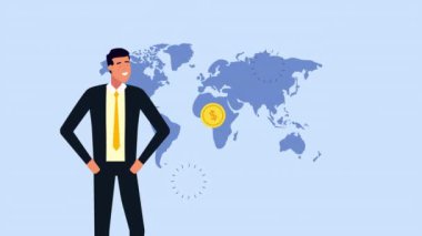 dünya gezegeni ve sikkeler ile zarif işadamı işçi