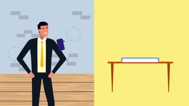 Бизнесмен за рабочим столом в офисной анимации — стоковое видео