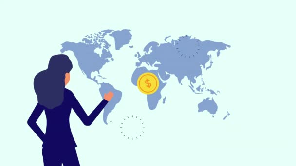 Business woman with world planet and coins animation — стоковое видео