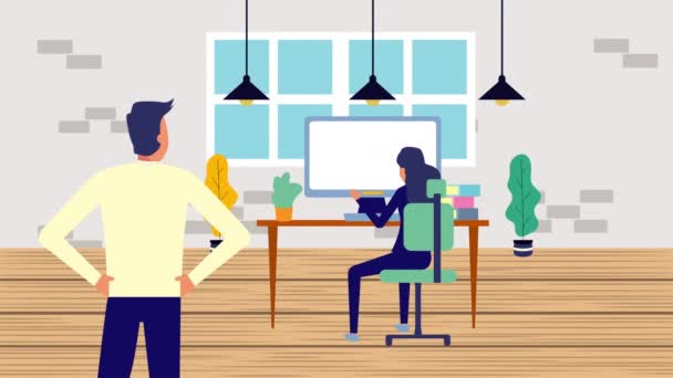 사무실 애니메이션에서 컴퓨터를 사용하는 비즈니스 커플 — 비디오