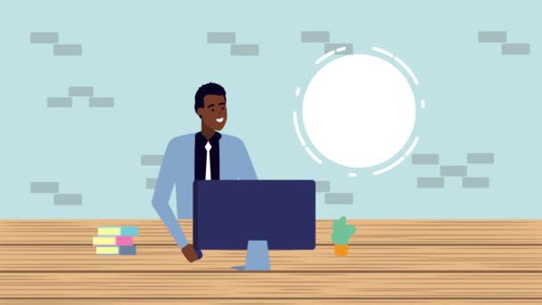 Afro zakenman computer gebruiken in de Office-animatie — Stockvideo