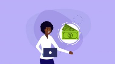 para animasyon ile dizüstü bilgisayar kullanarak afro iş kadını