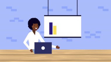 afro iş kadını istatistik animasyon ile dizüstü bilgisayar kullanarak