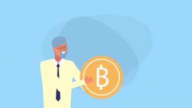 bitcoins ve konuşma balonu animasyon ile işadamı