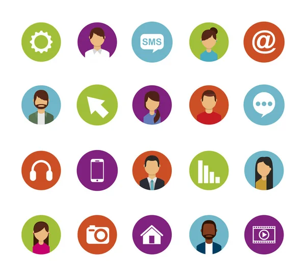 Paquete de personas y redes sociales establecer iconos — Vector de stock