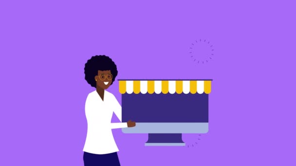 Afro business woman with desktop and ecommerce app animation — стоковое видео