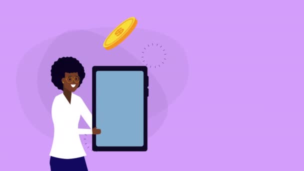 Mujer de negocios afro con teléfono inteligente y animación de aplicaciones de comercio electrónico — Vídeo de stock