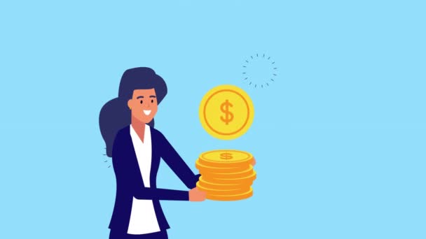 Femme d'affaires soulevant des pièces argent dollars animation — Video