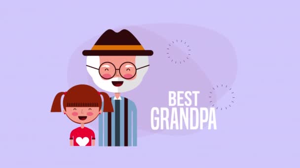 Поздравительная открытка дедушки и бабушки с дедушкой и внучкой — стоковое видео