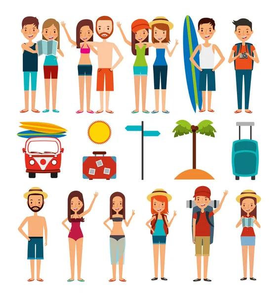Grupo de personas y los iconos de vacaciones de verano — Archivo Imágenes Vectoriales