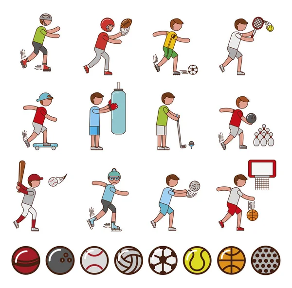 Bunt av idrottare och sport utrustning ikoner — Stock vektor