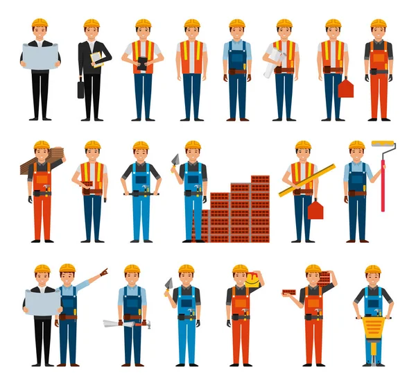 Bundle of construction workers and tools — Stock Vector