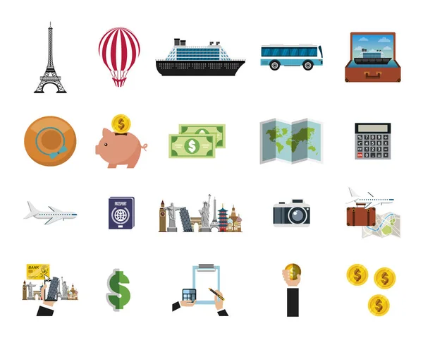 Travel around of the world set icons — Stock Vector