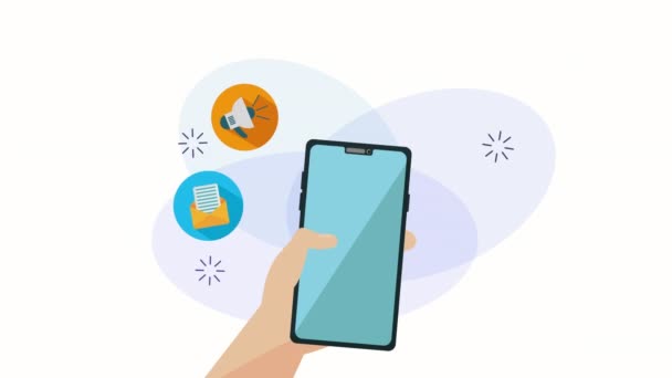 Hand using smartphone with social media marketing animation — Stock Video