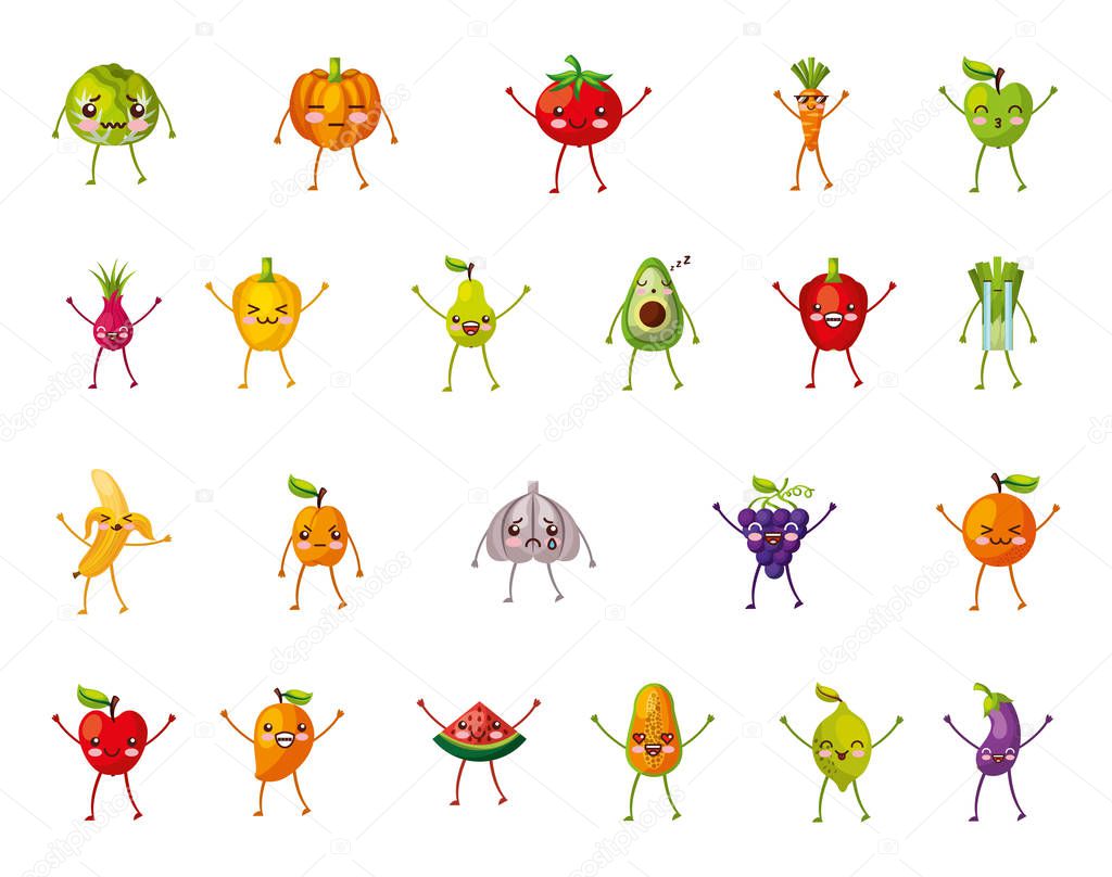 bundle of set fresh fruits and vegetables kawaii characters