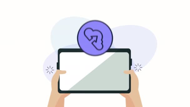 mains en utilisant une tablette avec animation marketing sur les médias sociaux 