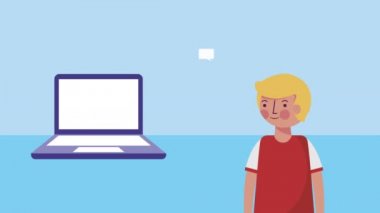 dizüstü bilgisayar elearning karakterleri animasyon ile küçük öğrenciler erkek