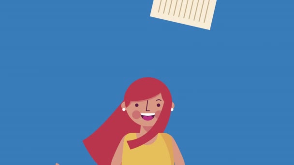 Niña estudiante con hojas de cuaderno animación de personajes — Vídeos de Stock